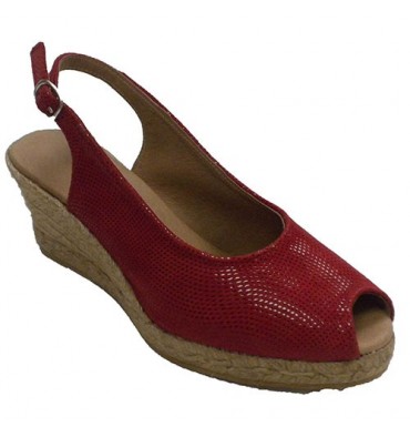 Zapatillas esparto cuña alta abiertas punta talón piel Miszapatillas en rojo